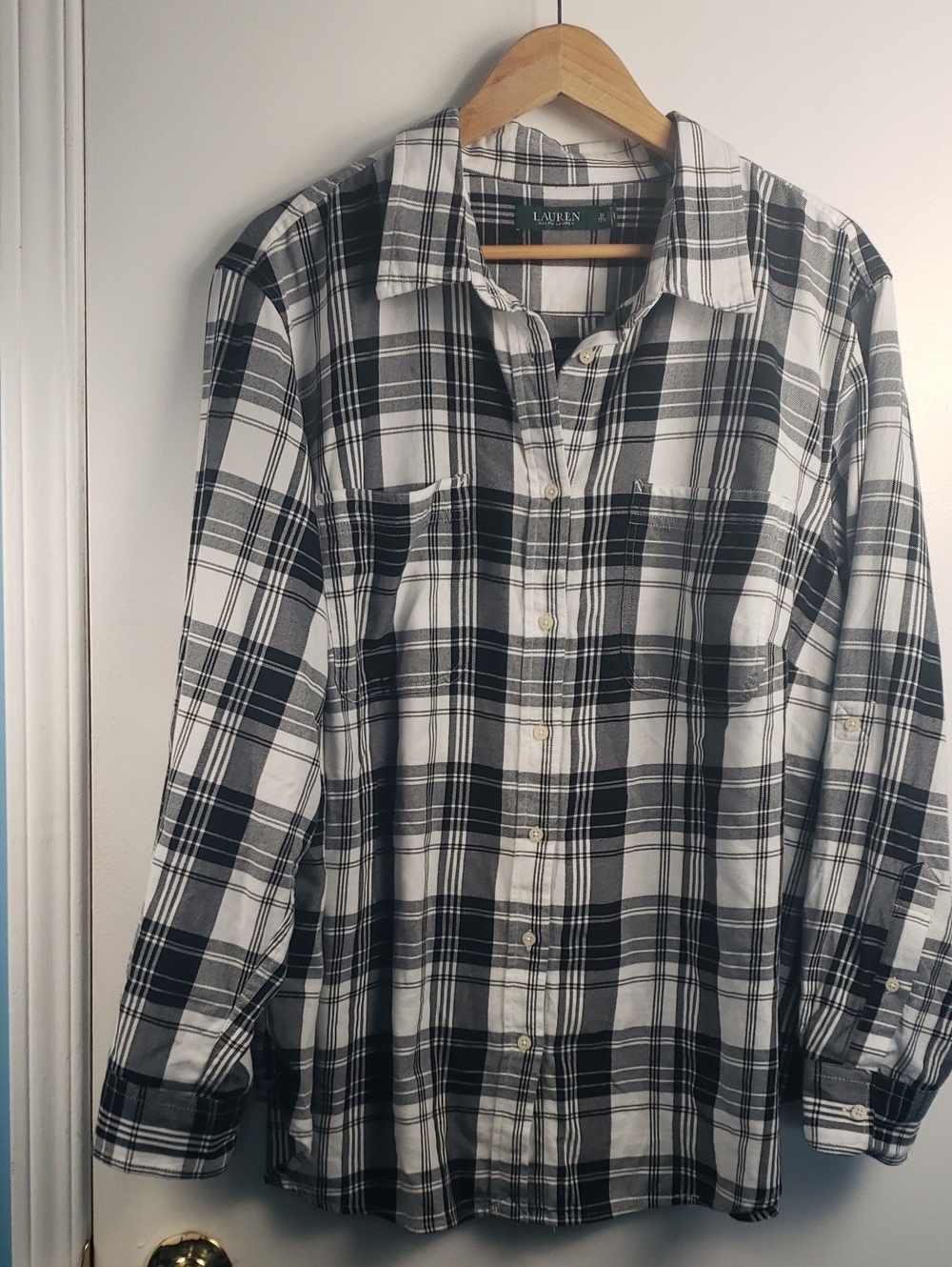 Lauren Ralph Lauren Women's Black & White Plaid Button-Down Shirt Size 3X Cotton